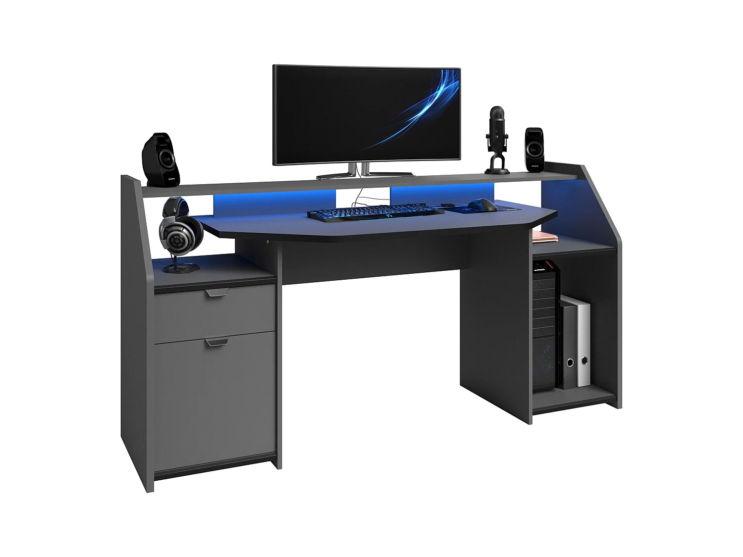 Grand bureau de jeu avec tiroir et armoire Gris LED 98 x 180 x 67 cm