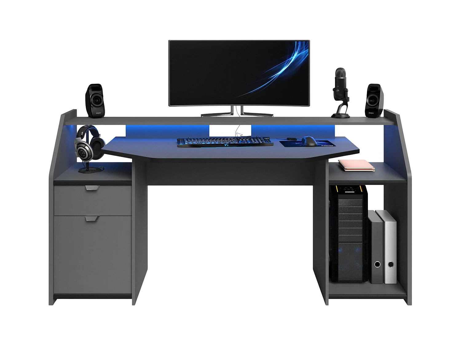 Grand bureau de jeu avec tiroir et armoire Gris LED 98 x 180 x 67 cm