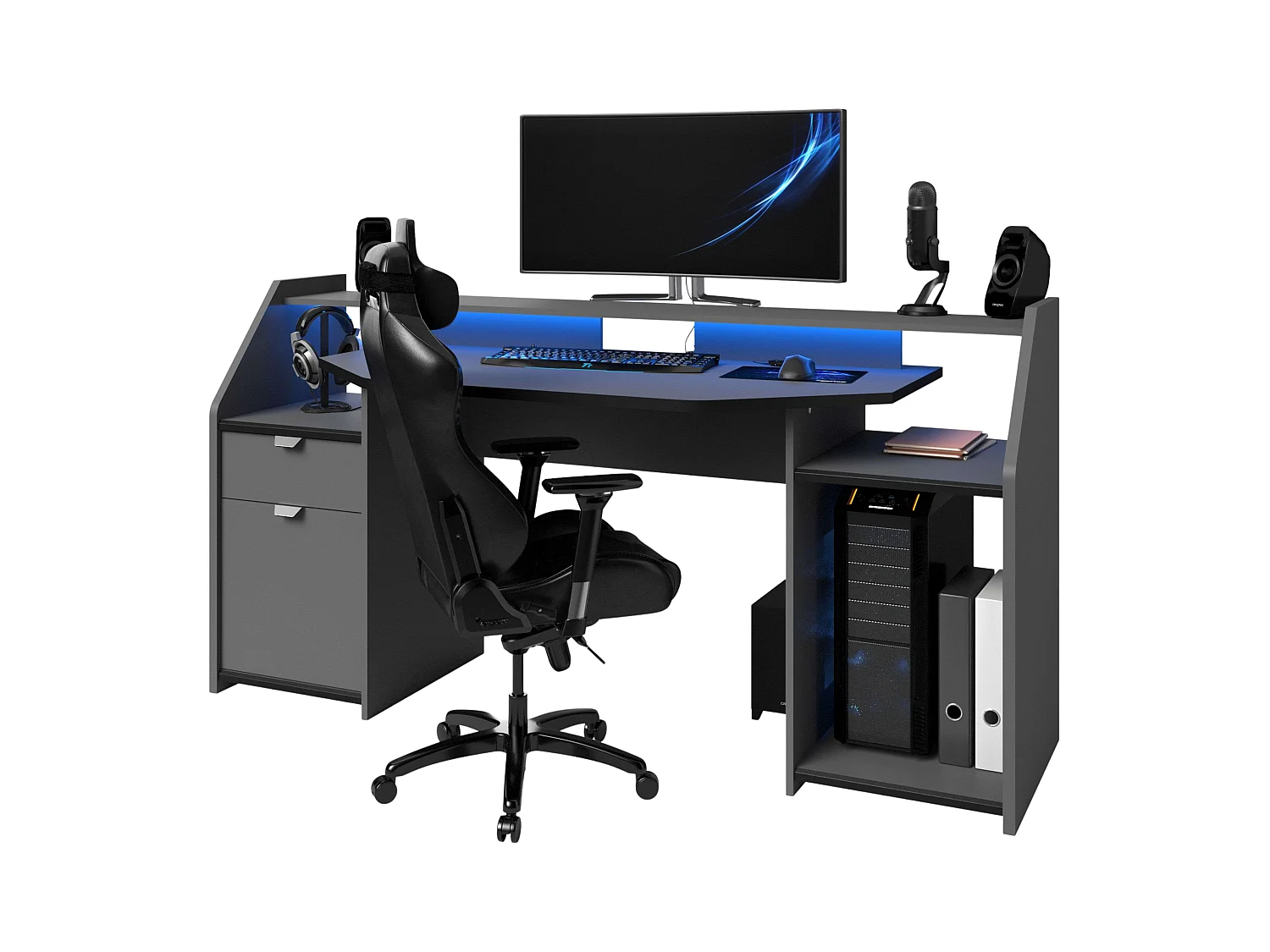 Grand bureau de jeu avec tiroir et armoire Gris LED 98 x 180 x 67 cm