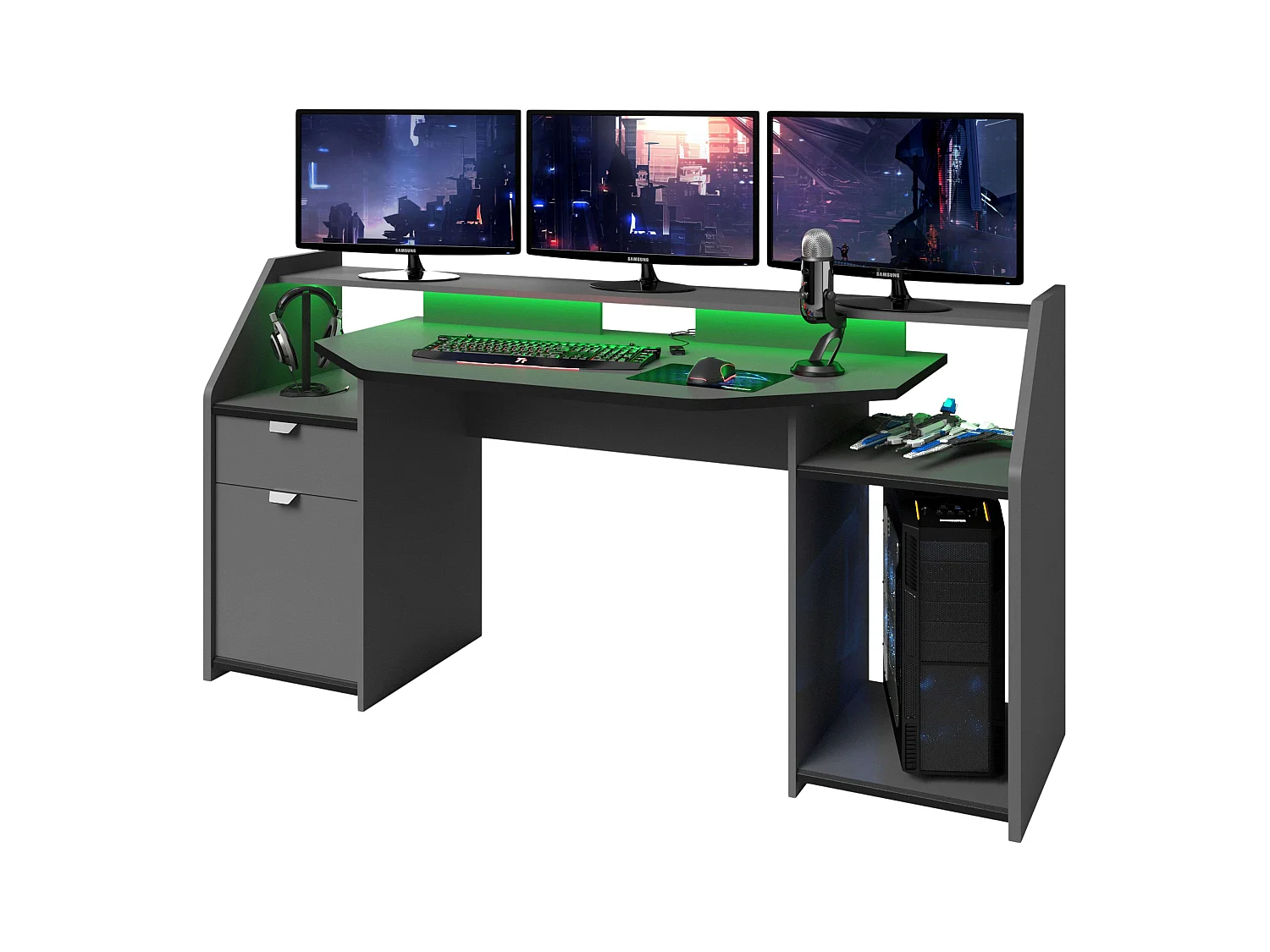 Grand bureau de jeu avec tiroir et armoire Gris LED 98 x 180 x 67 cm