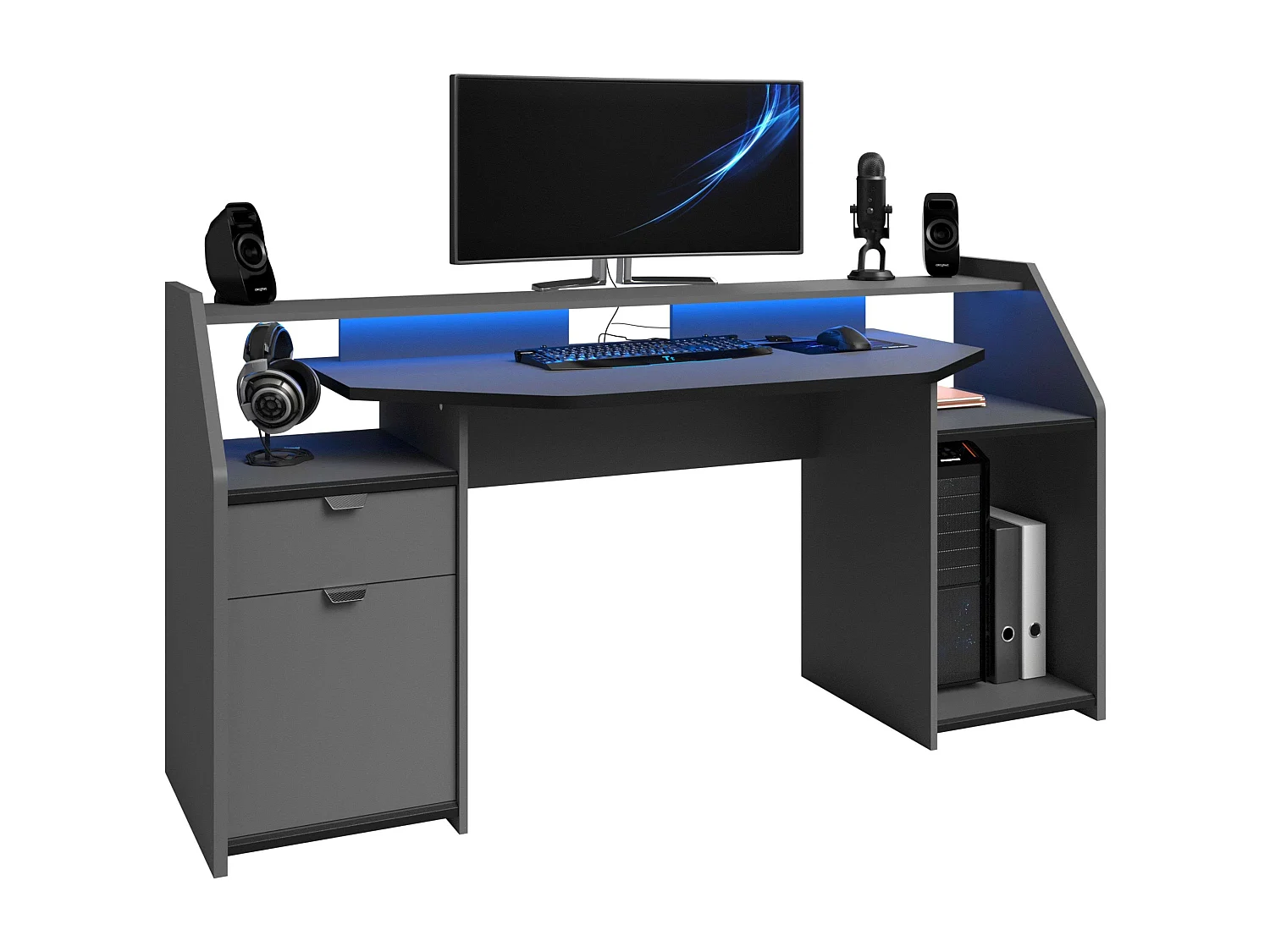 Grand bureau de jeu avec tiroir et armoire Gris LED 98 x 180 x 67 cm