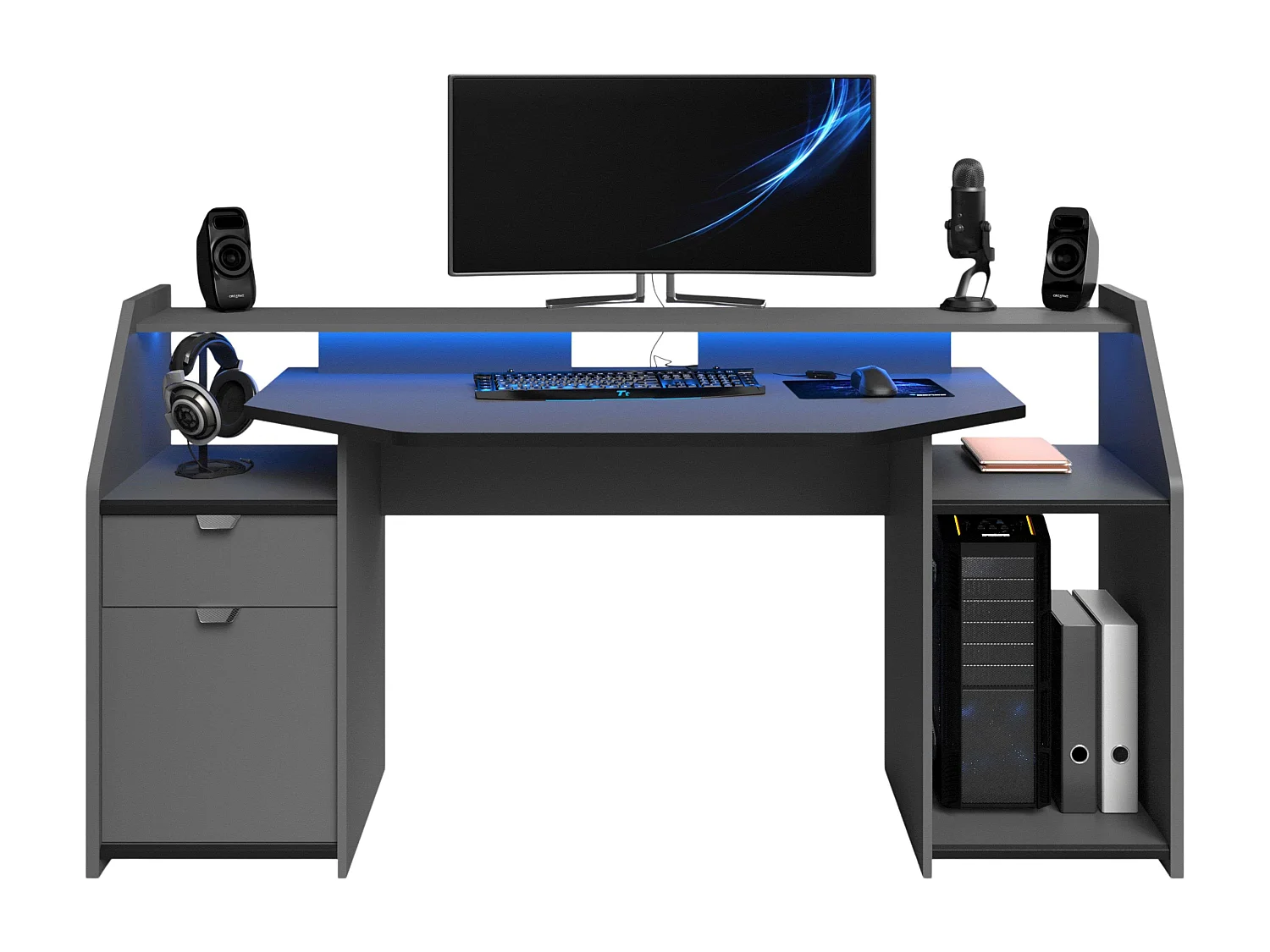 Grand bureau de jeu avec tiroir et armoire Gris LED 98 x 180 x 67 cm