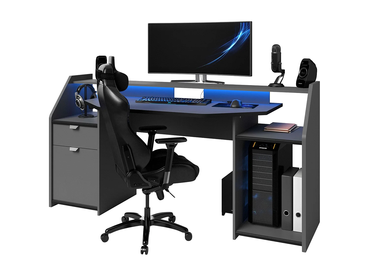 Grand bureau de jeu avec tiroir et armoire Gris LED 98 x 180 x 67 cm