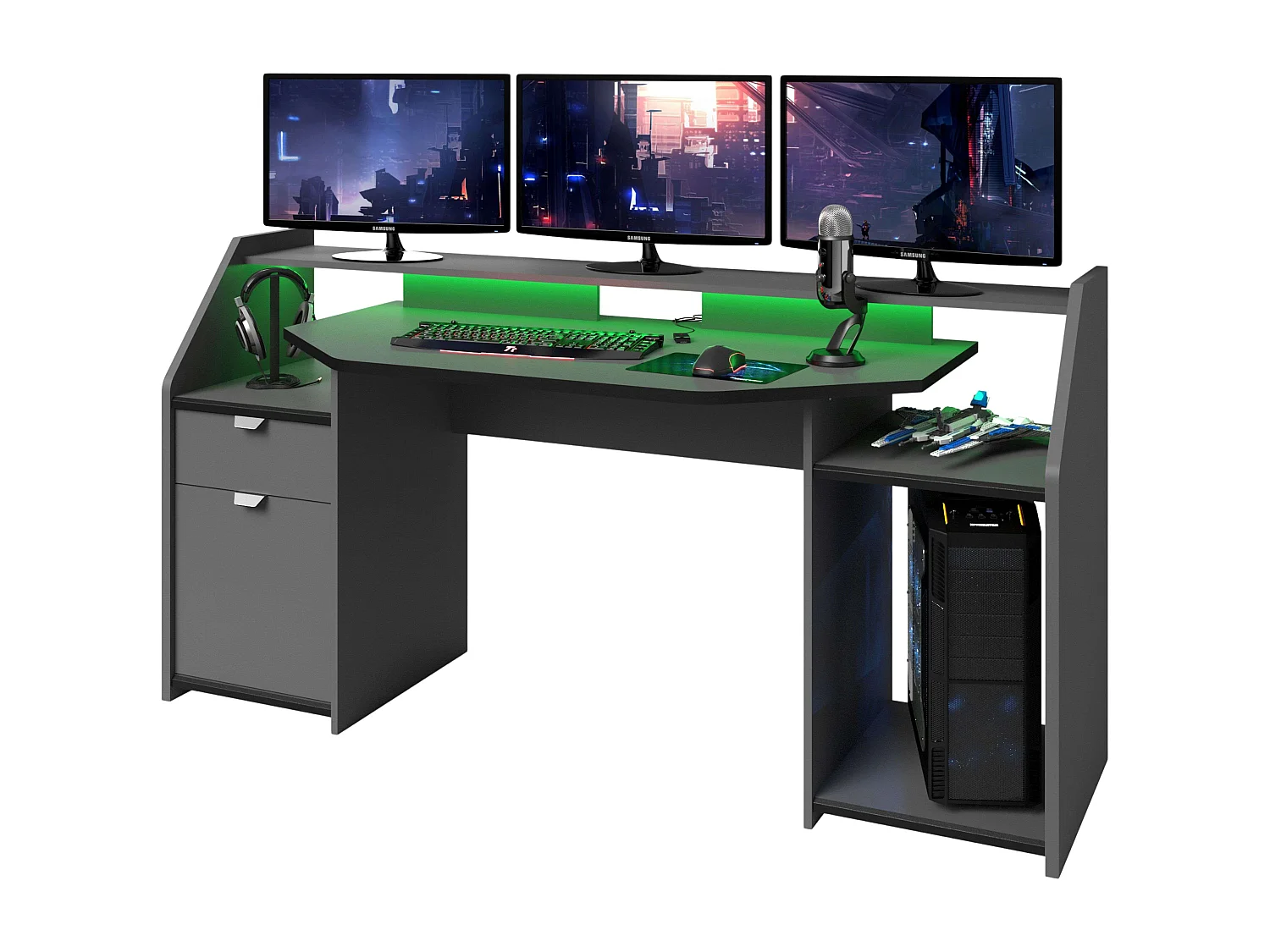 Grand bureau de jeu avec tiroir et armoire Gris LED 98 x 180 x 67 cm