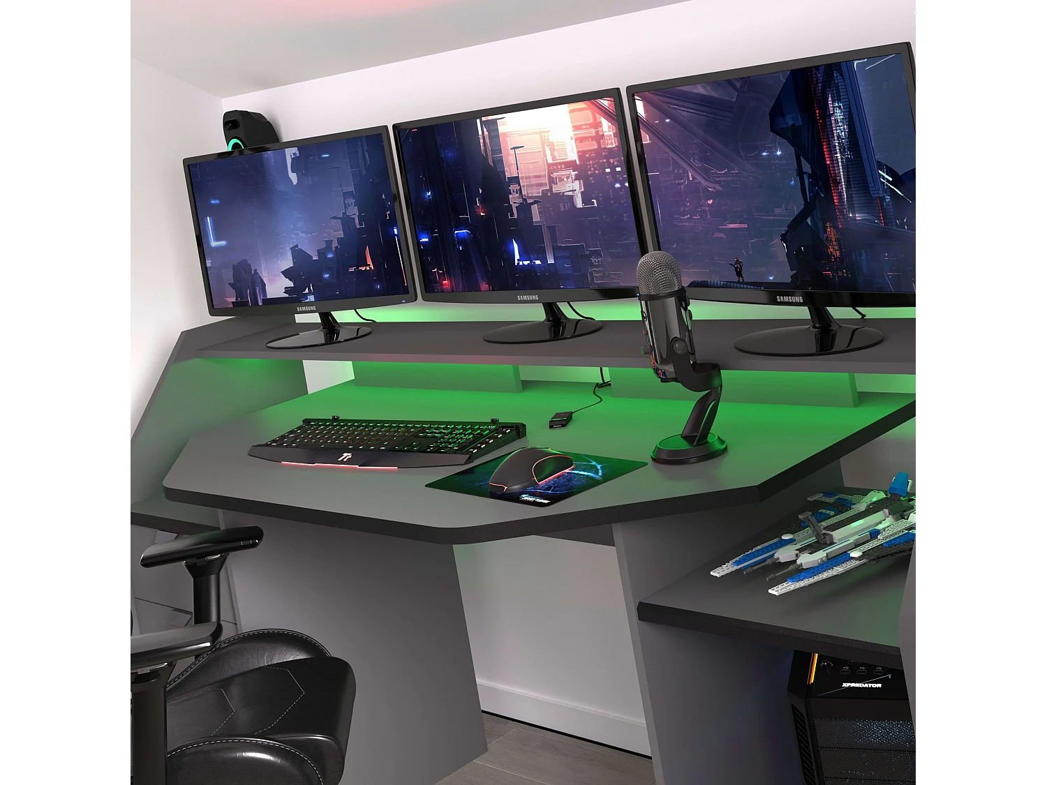 Grand bureau de jeu avec tiroir et armoire Gris LED 98 x 180 x 67 cm