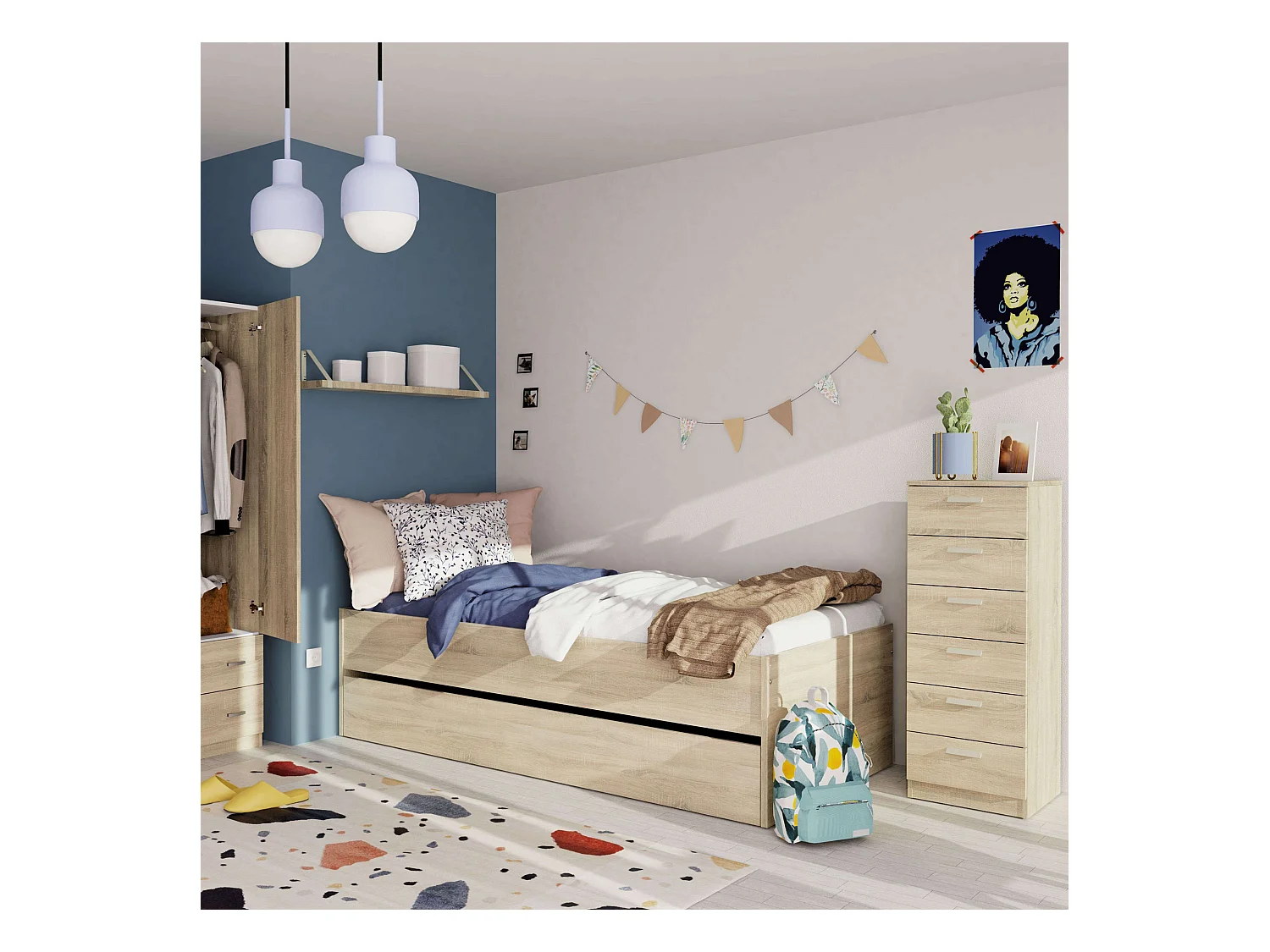 Commode 6 tiroirs Tibet Cambrian pour chambre à coucher 110 x 40 x 40 cm