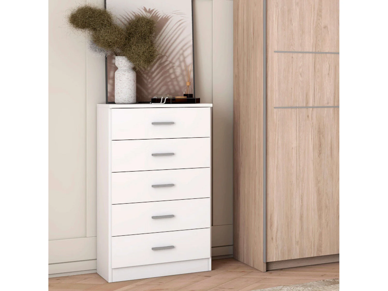 Cômoda Casal 5 Gavetas, Guias Metálicas, Puxadores Branco Fosco 50x90x33 cm
