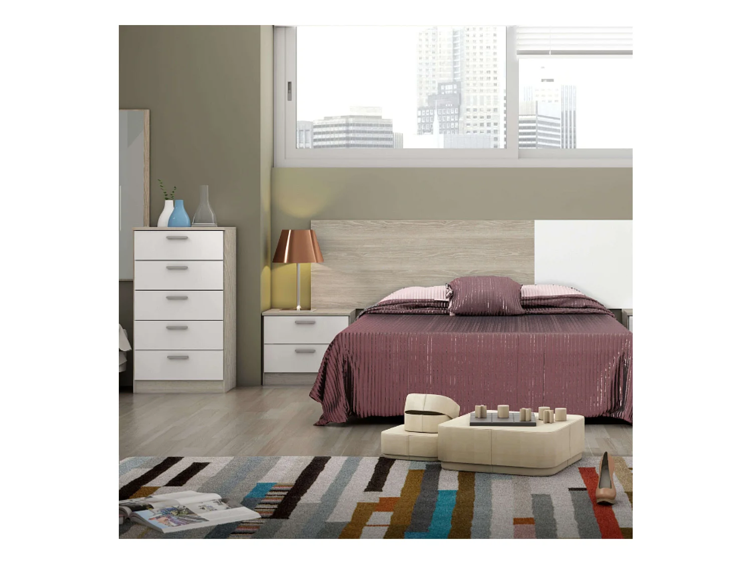 Commode 5 tiroirs Couple, chambre Sahara, blanc mat, 50x90x33 cm