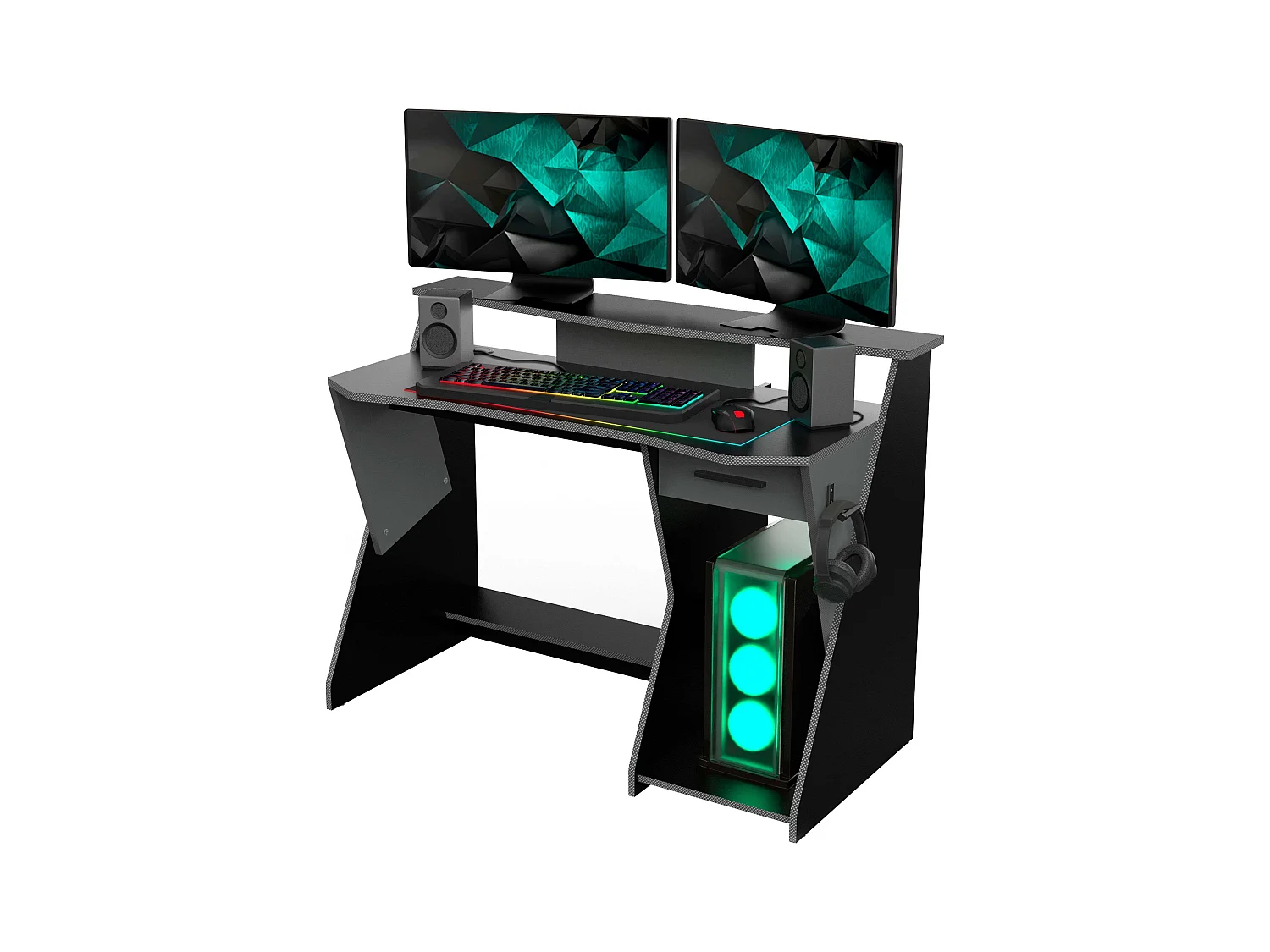 Bureau de jeu Skin gris/noir avec tiroir et crochet pour casque 90 x 124 x 60 cm