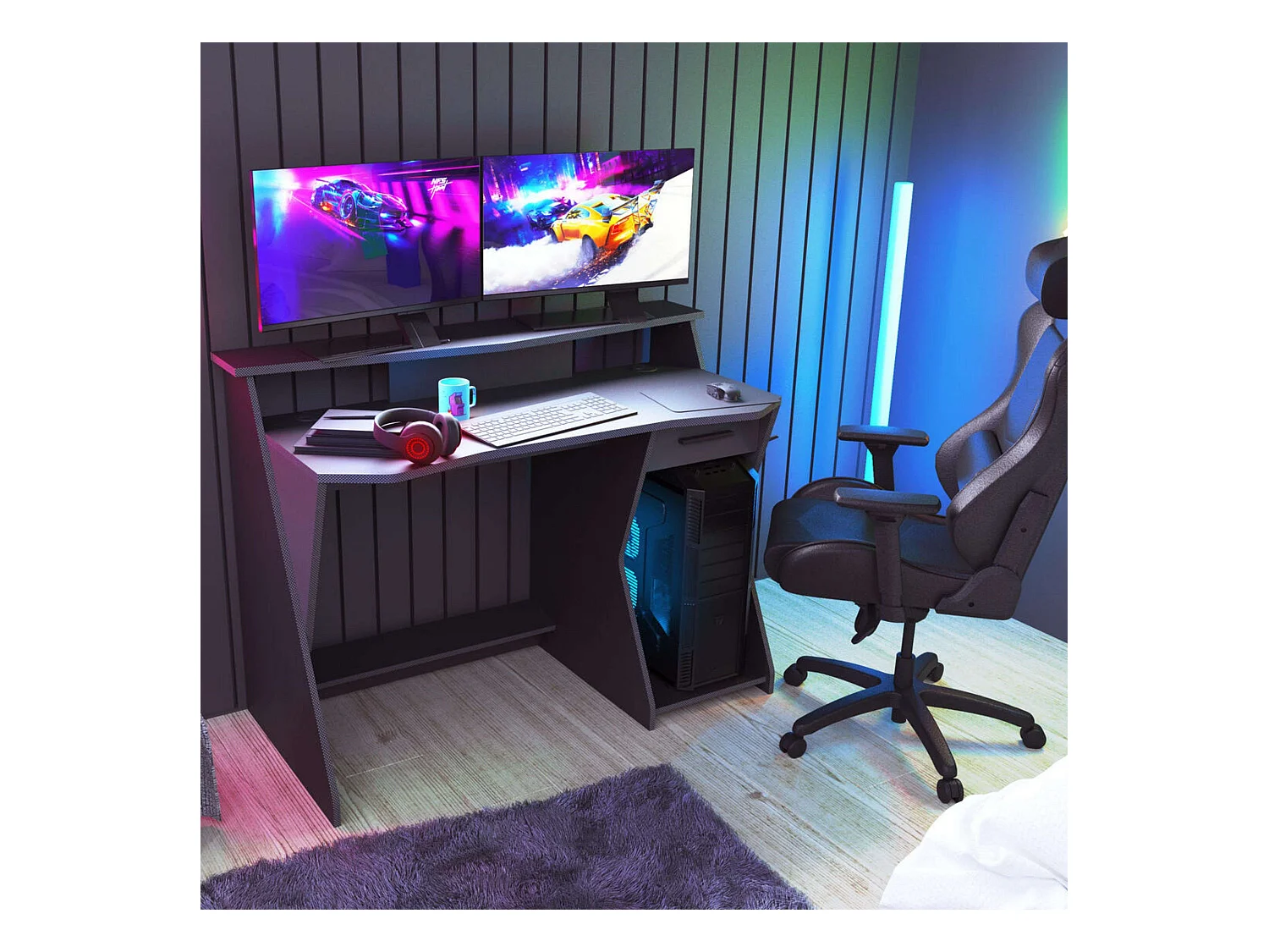 Bureau de jeu Skin gris/noir avec tiroir et crochet pour casque 90 x 124 x 60 cm