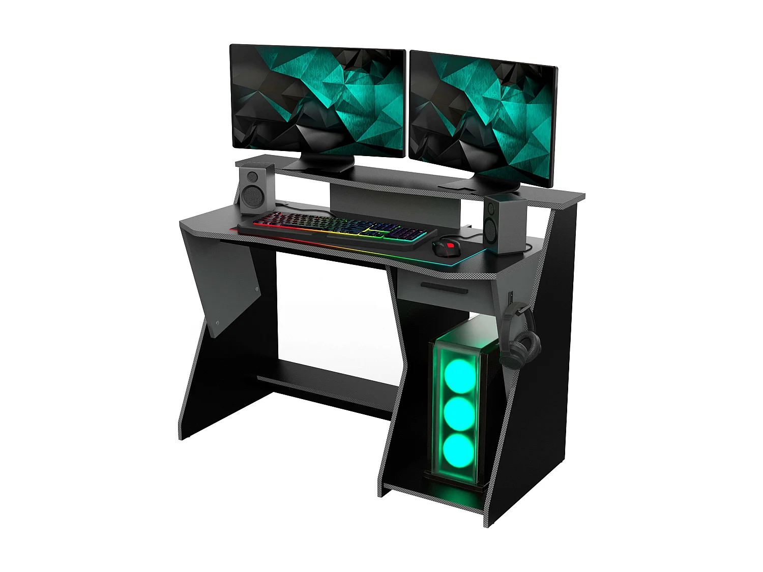 Bureau de jeu Skin gris/noir avec tiroir et crochet pour casque 90 x 124 x 60 cm