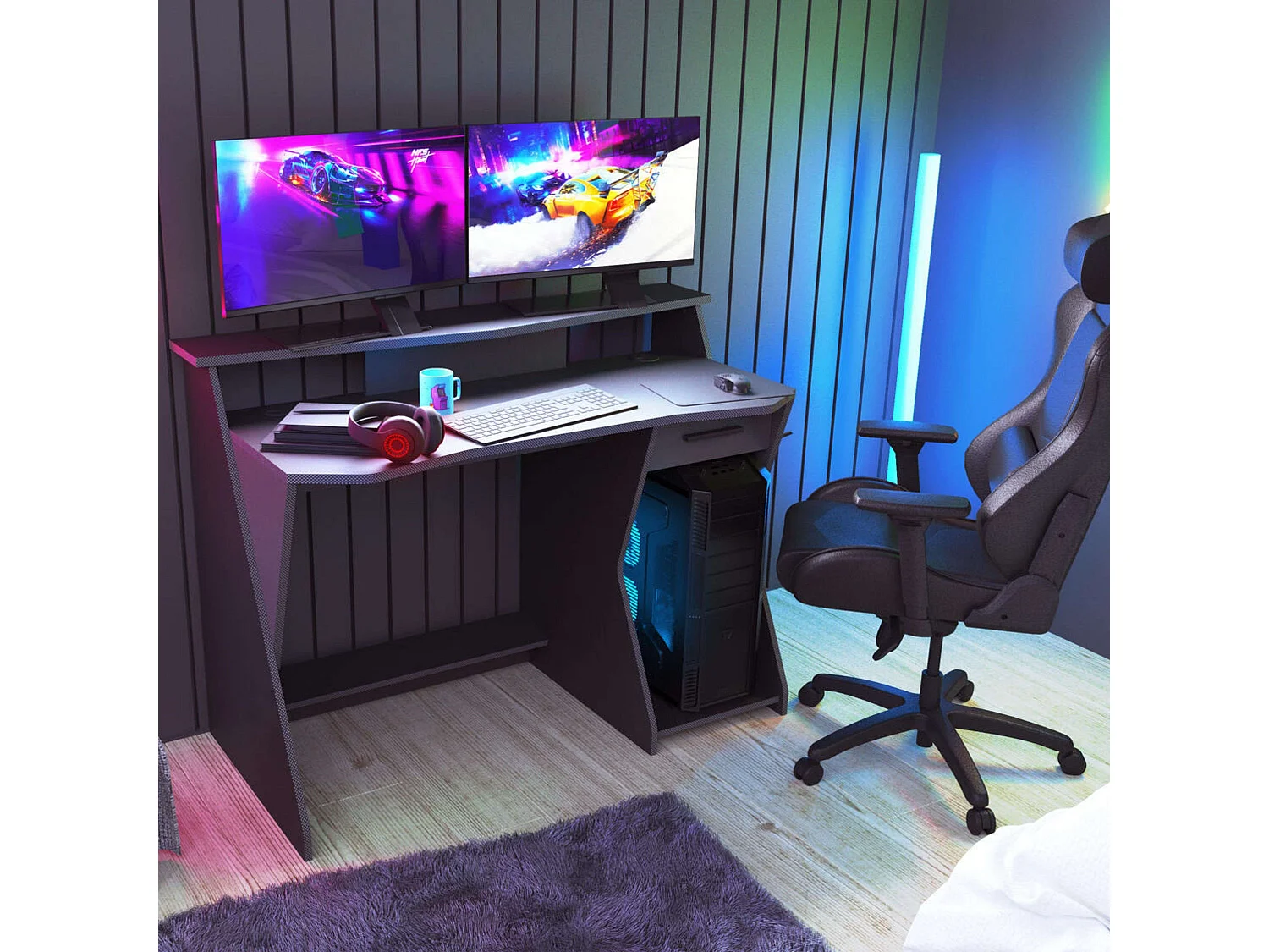 Bureau de jeu Skin gris/noir avec tiroir et crochet pour casque 90 x 124 x 60 cm