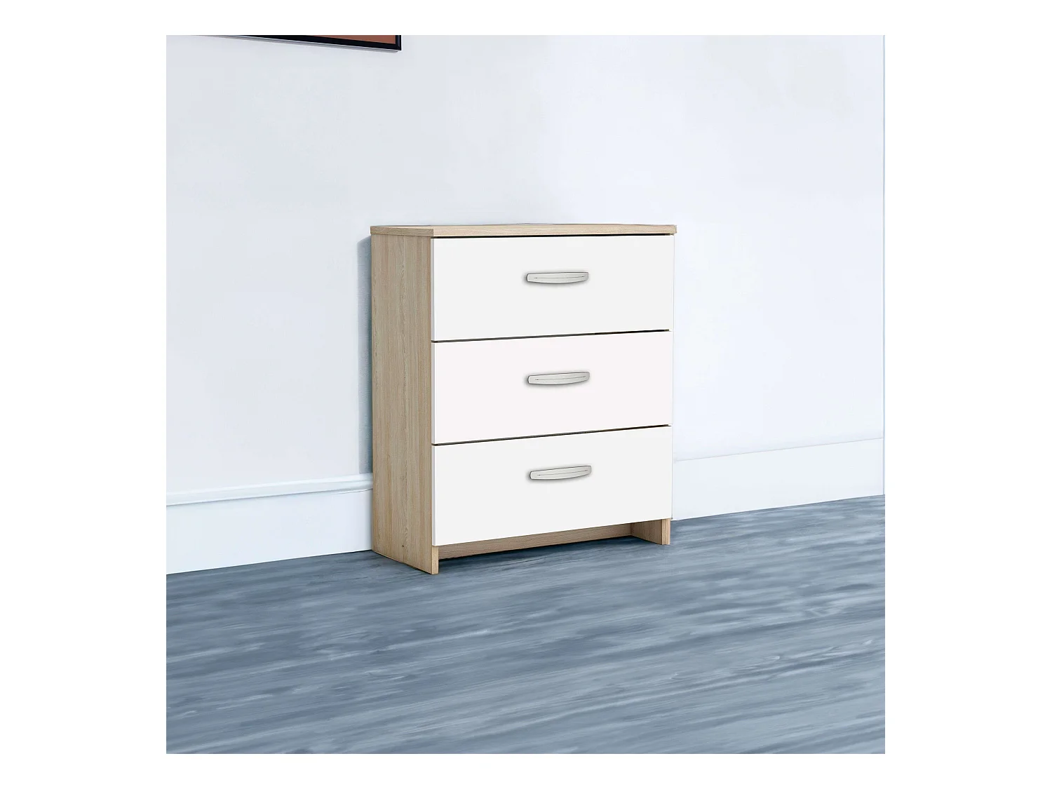 Commode, coffre, grande table d'appoint, tiroirs, blanc et chêne, Shannon, 61 x 29 x 72 cm