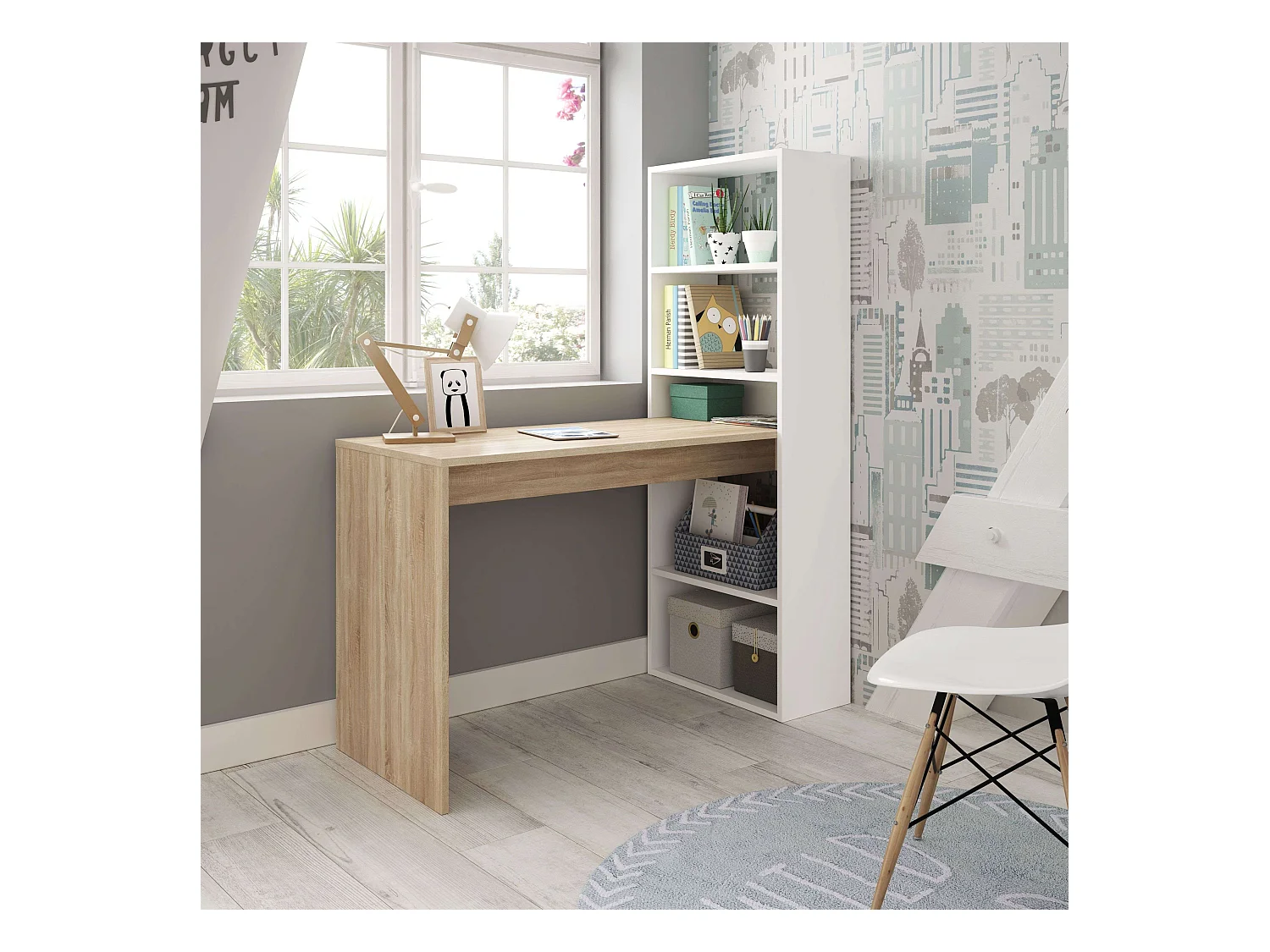 Commode, coffre, grande table d'appoint, tiroirs, blanc et chêne, Shannon, 61 x 29 x 72 cm