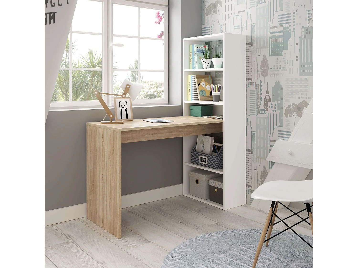 Cómoda Sinfonier Mesita Grande Cajones Blanco y Roble Shannon 61x29x72 cm