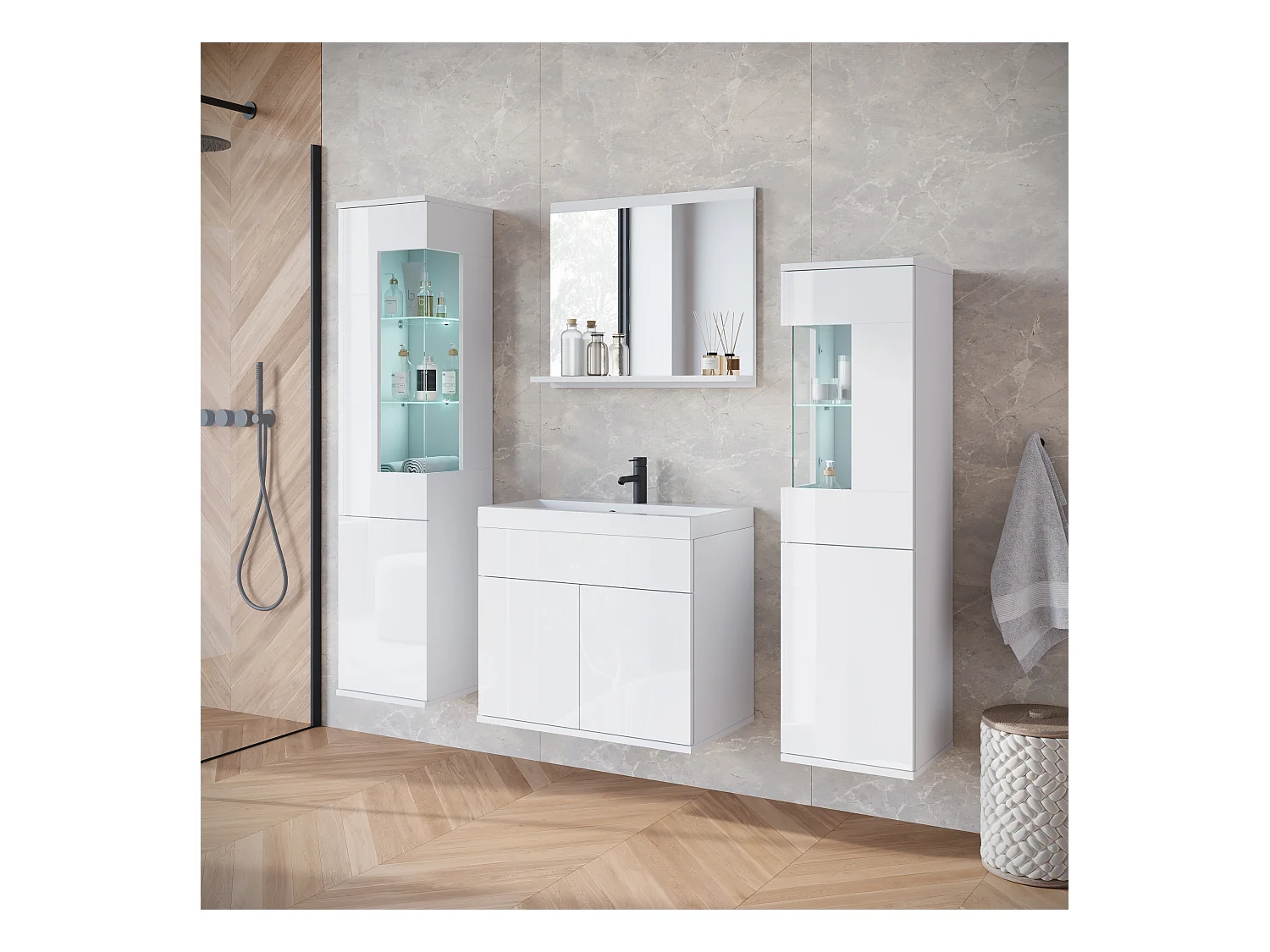 Ensemble suspendu avec lavabo, miroir et éléments en verre, corps blanc mat, façades blanc brillant