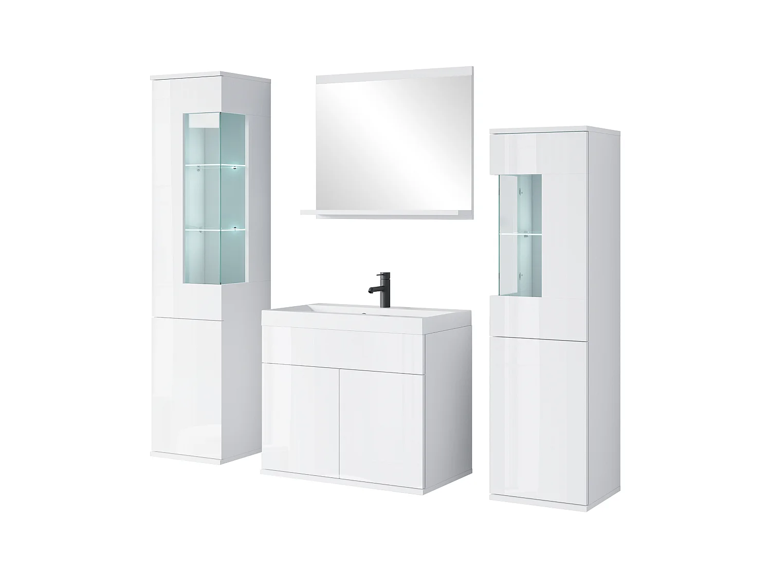 Ensemble suspendu avec lavabo, miroir et éléments en verre, corps blanc mat, façades blanc brillant