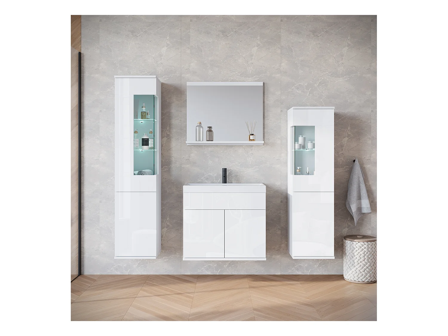 Ensemble suspendu avec lavabo, miroir et éléments en verre, corps blanc mat, façades blanc brillant