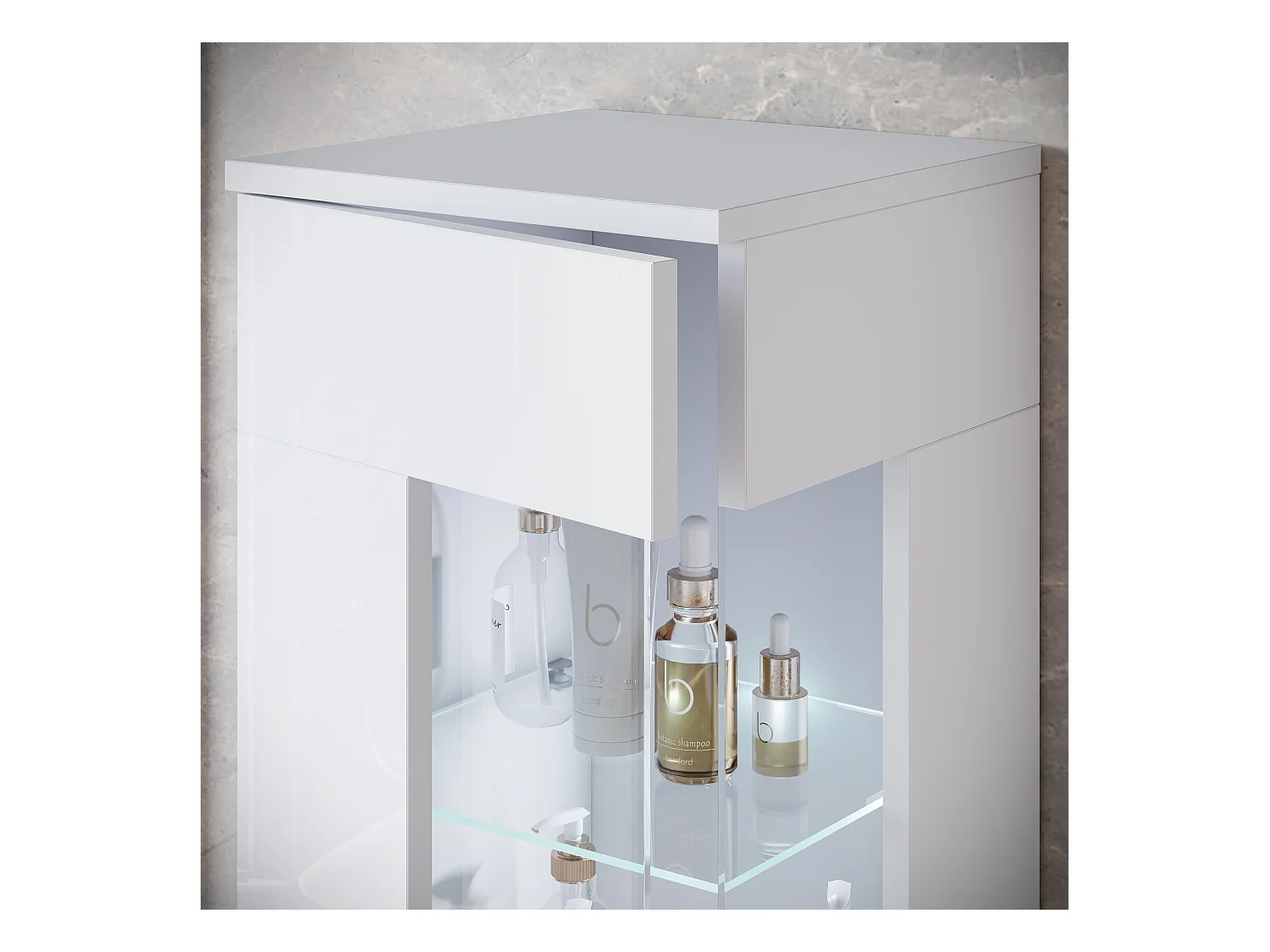 Ensemble suspendu avec lavabo, miroir et éléments en verre, corps blanc mat, façades blanc brillant