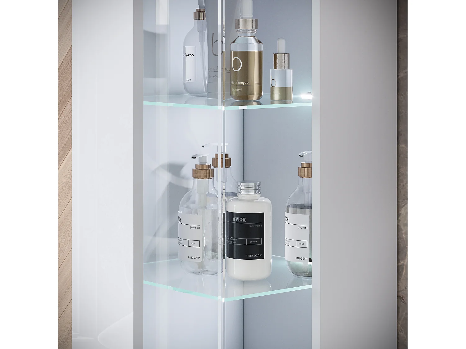 Ensemble suspendu avec lavabo, miroir et éléments en verre, corps blanc mat, façades blanc brillant