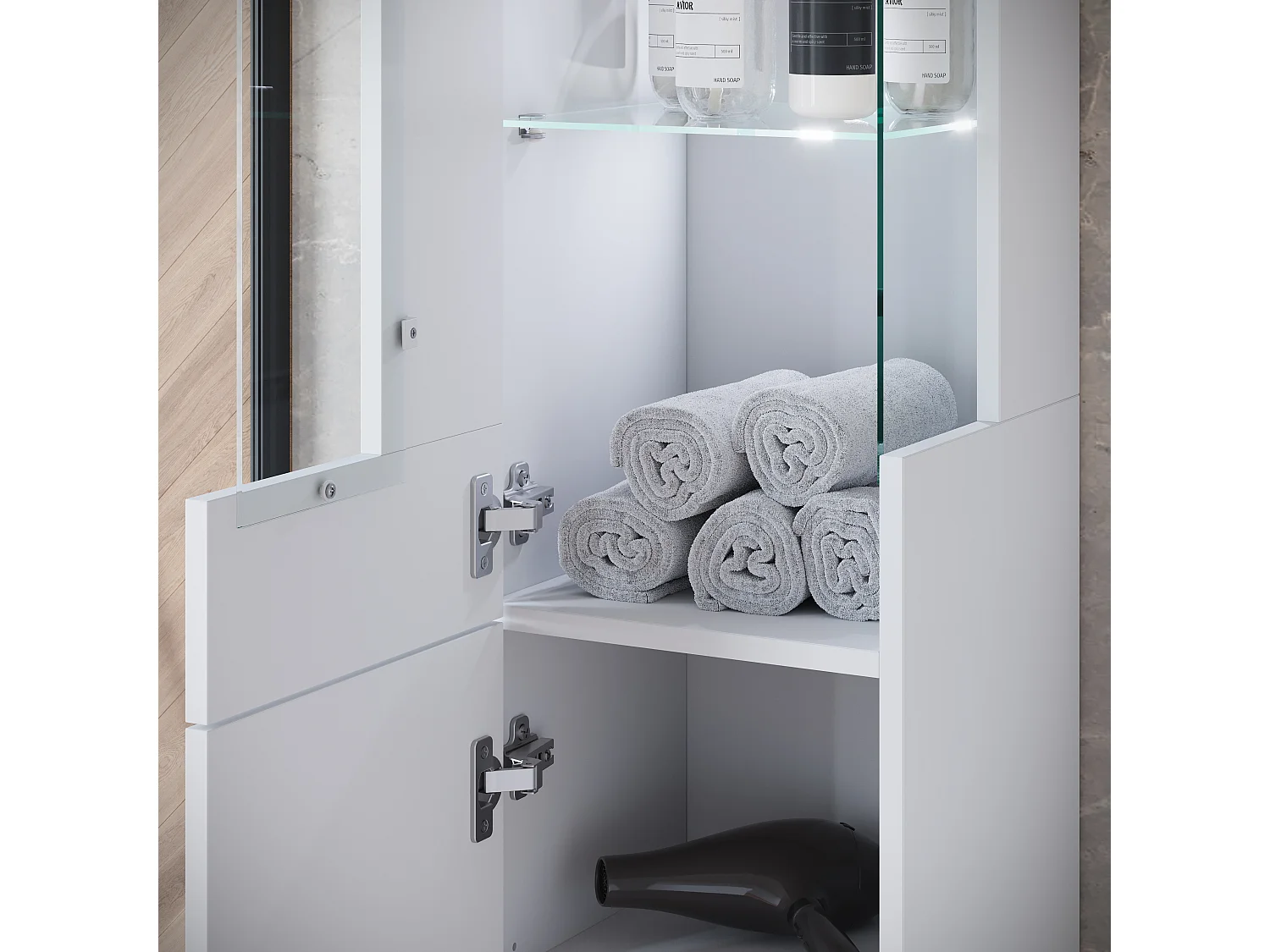 Ensemble suspendu avec lavabo, miroir et éléments en verre, corps blanc mat, façades blanc brillant