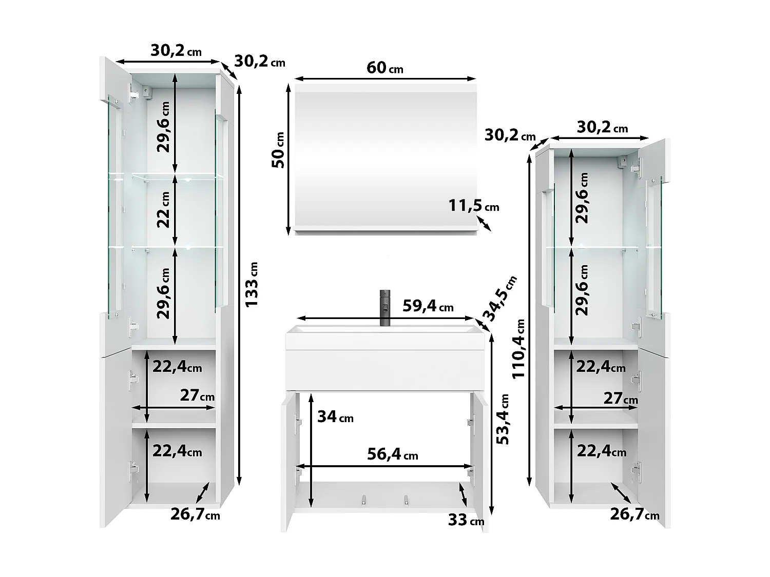 Ensemble suspendu avec lavabo, miroir et éléments en verre, corps blanc mat, façades blanc brillant