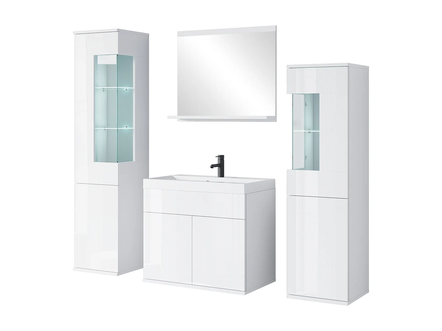 Conjunto suspenso com lavatório, espelho e elementos em vidro, corpo branco mate, frentes branco brilho