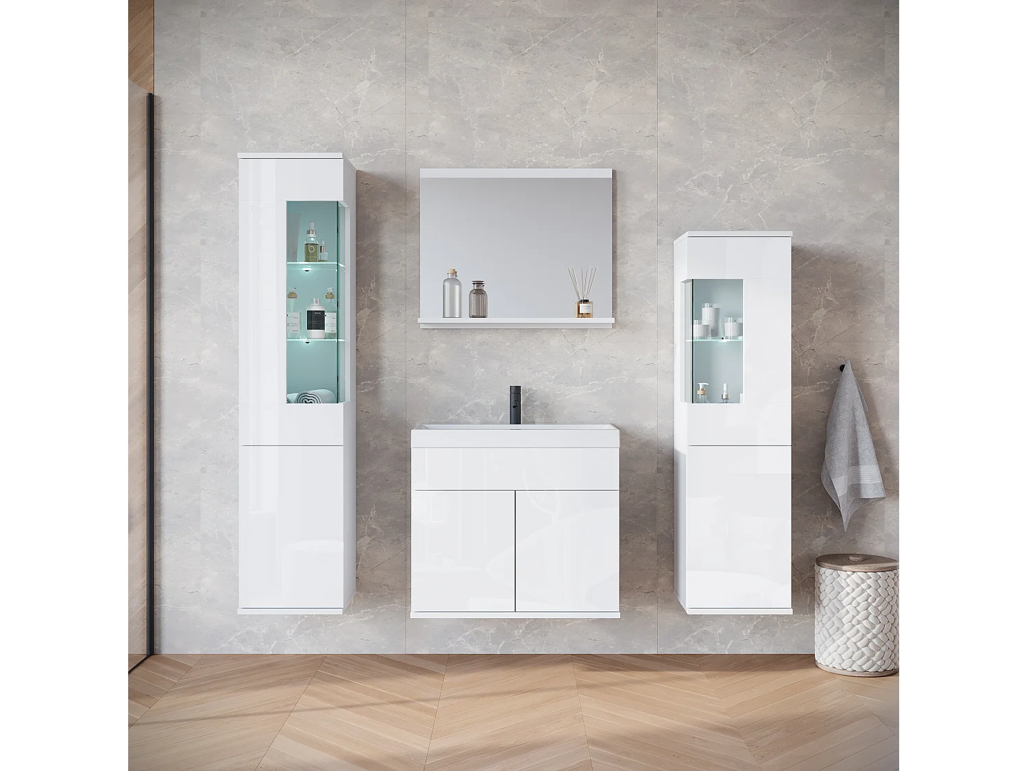 Conjunto suspenso com lavatório, espelho e elementos em vidro, corpo branco mate, frentes branco brilho