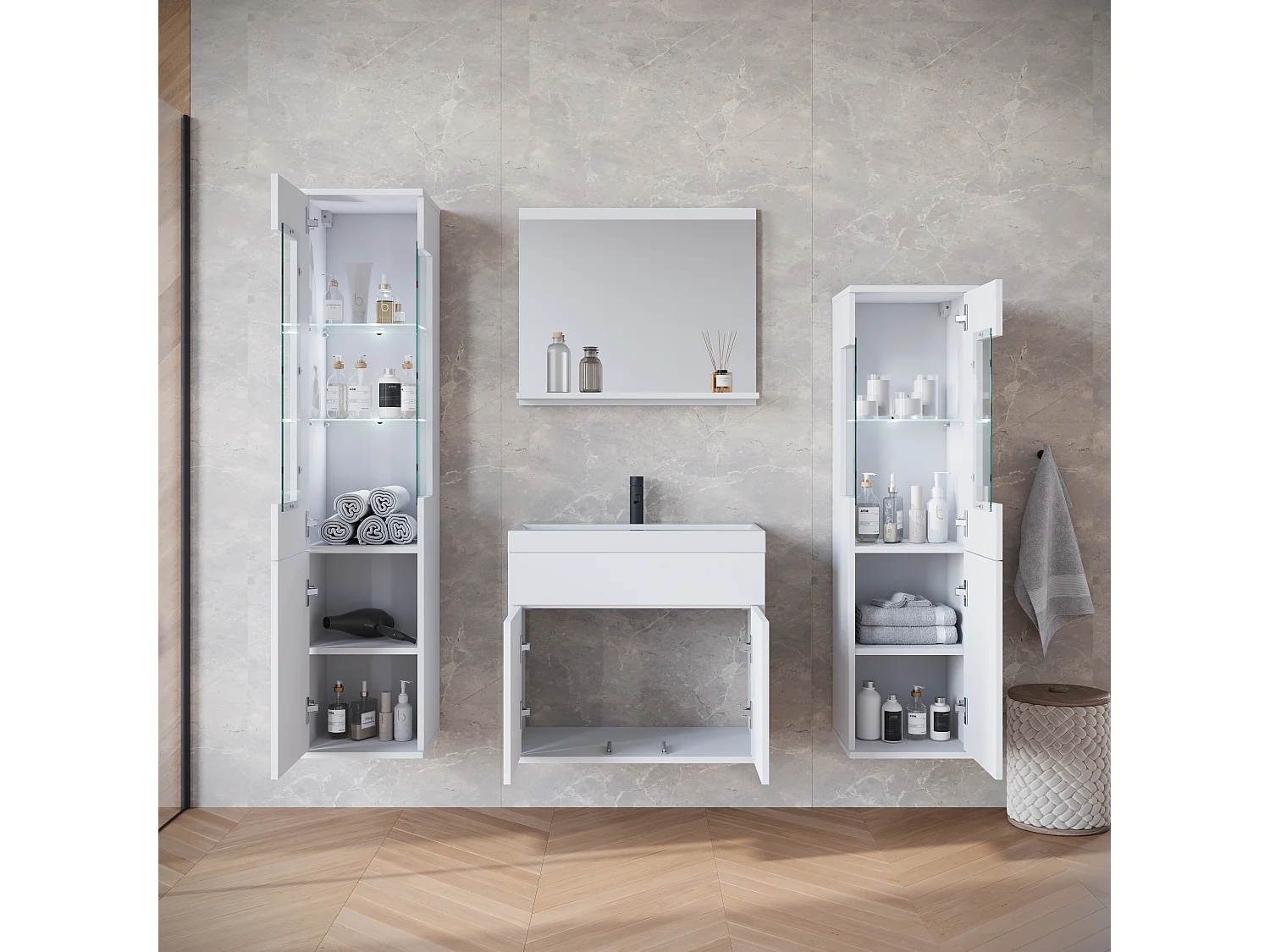 Conjunto suspenso com lavatório, espelho e elementos em vidro, corpo branco mate, frentes branco brilho