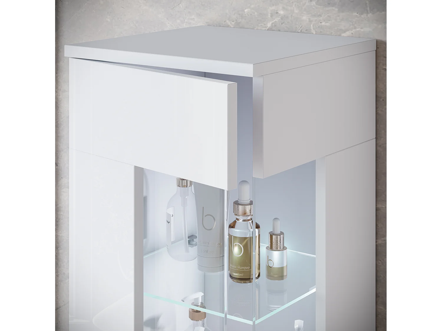 Conjunto suspenso com lavatório, espelho e elementos em vidro, corpo branco mate, frentes branco brilho