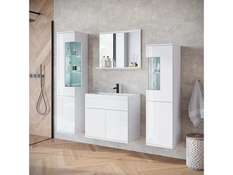 Ensemble suspendu avec lavabo, miroir et éléments en verre, corps blanc mat, façades blanc brillant