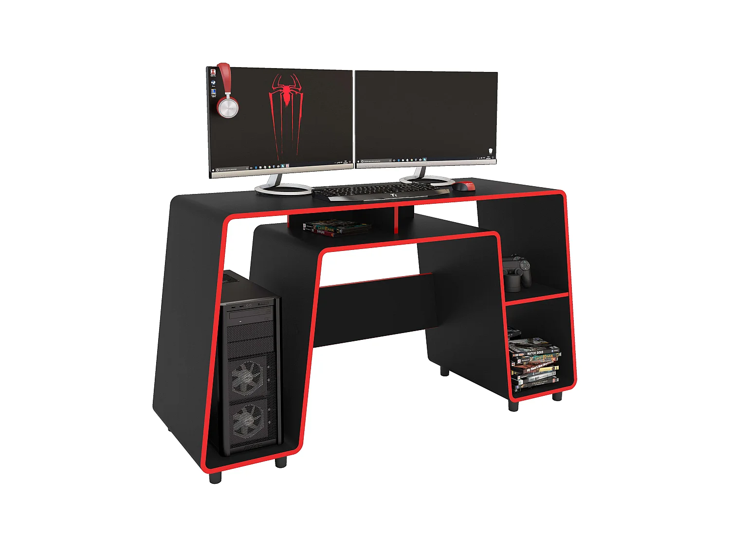 Table de jeu London noire/rouge - 1 étagère, Tower Space, mélamine, 150,5 cm