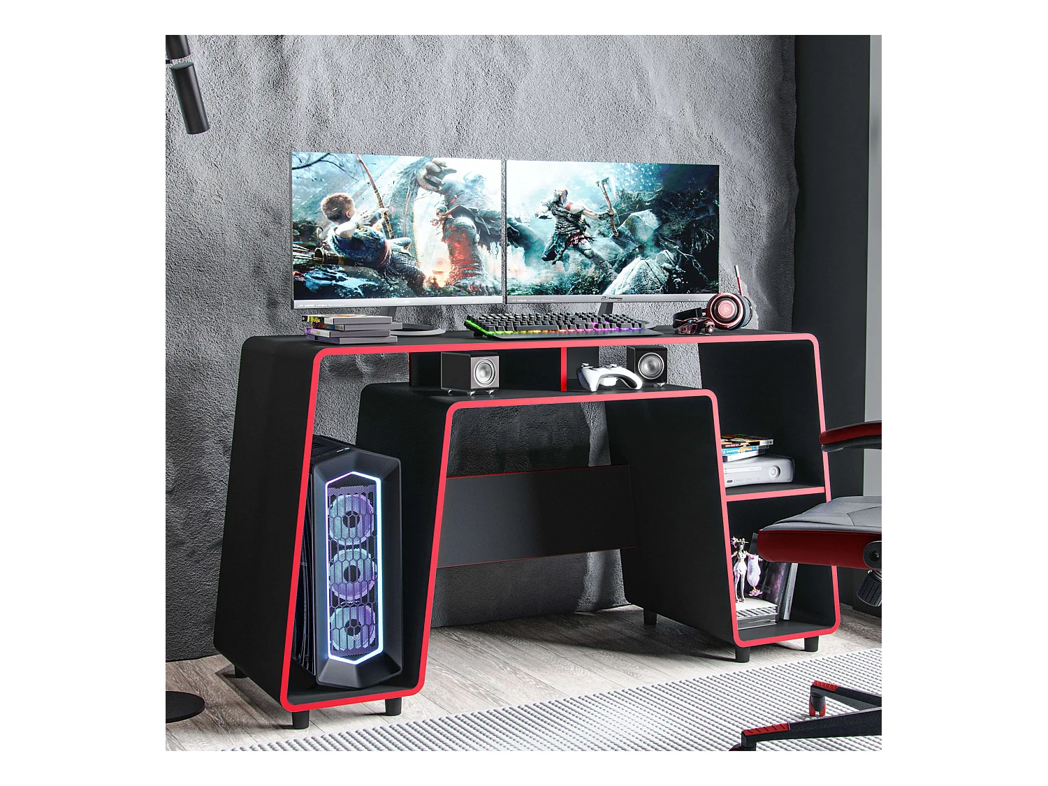 Table de jeu London noire/rouge - 1 étagère, Tower Space, mélamine, 150,5 cm