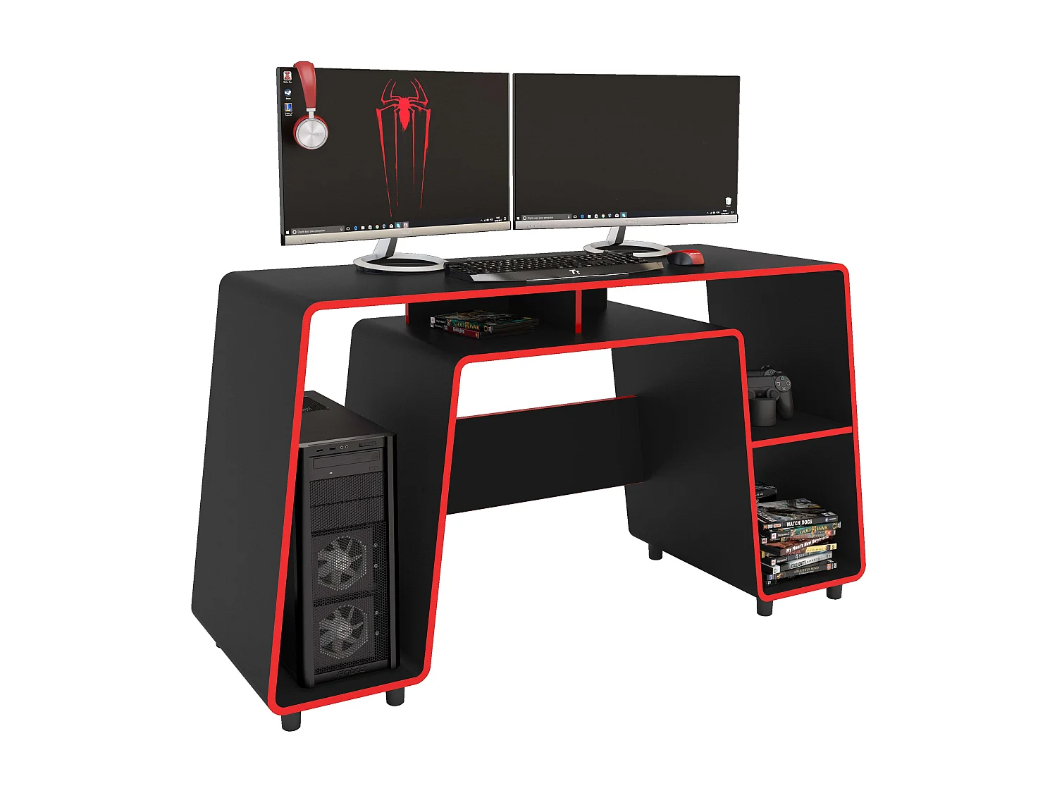 Mesa Gamer London Negro/Rojo - 1 Estante, Espacio Torre, Melamina, 150,5 cm