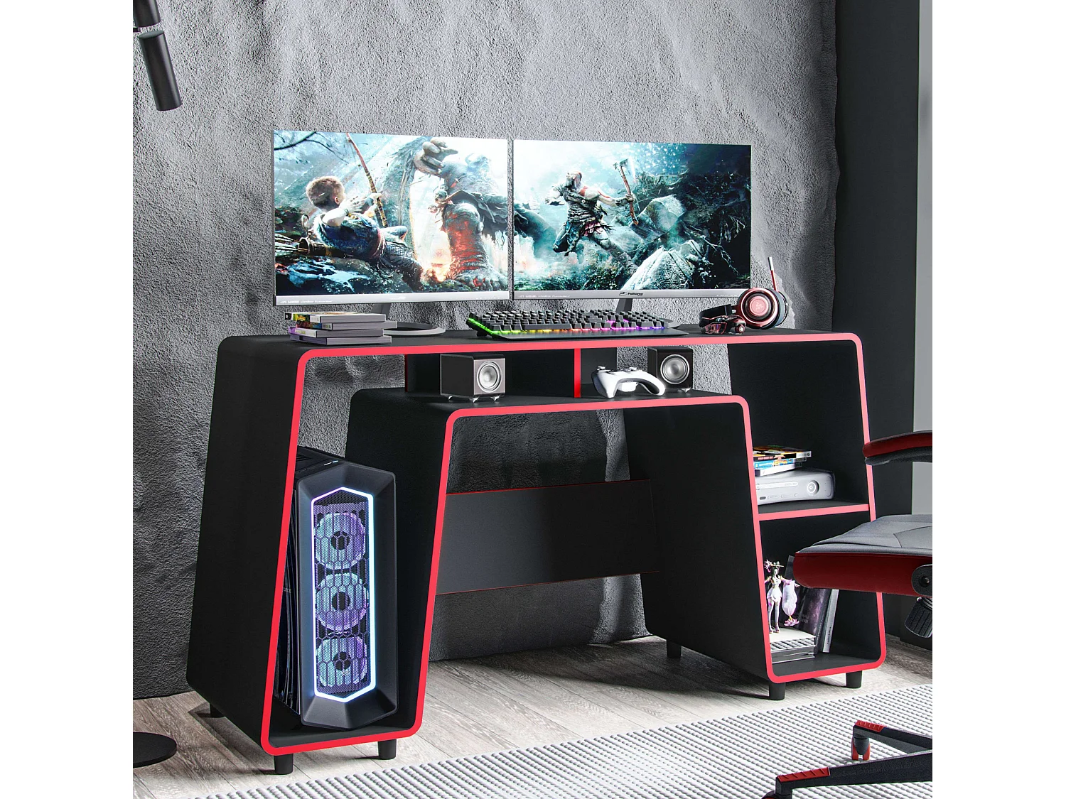 Mesa Gamer London Negro/Rojo - 1 Estante, Espacio Torre, Melamina, 150,5 cm