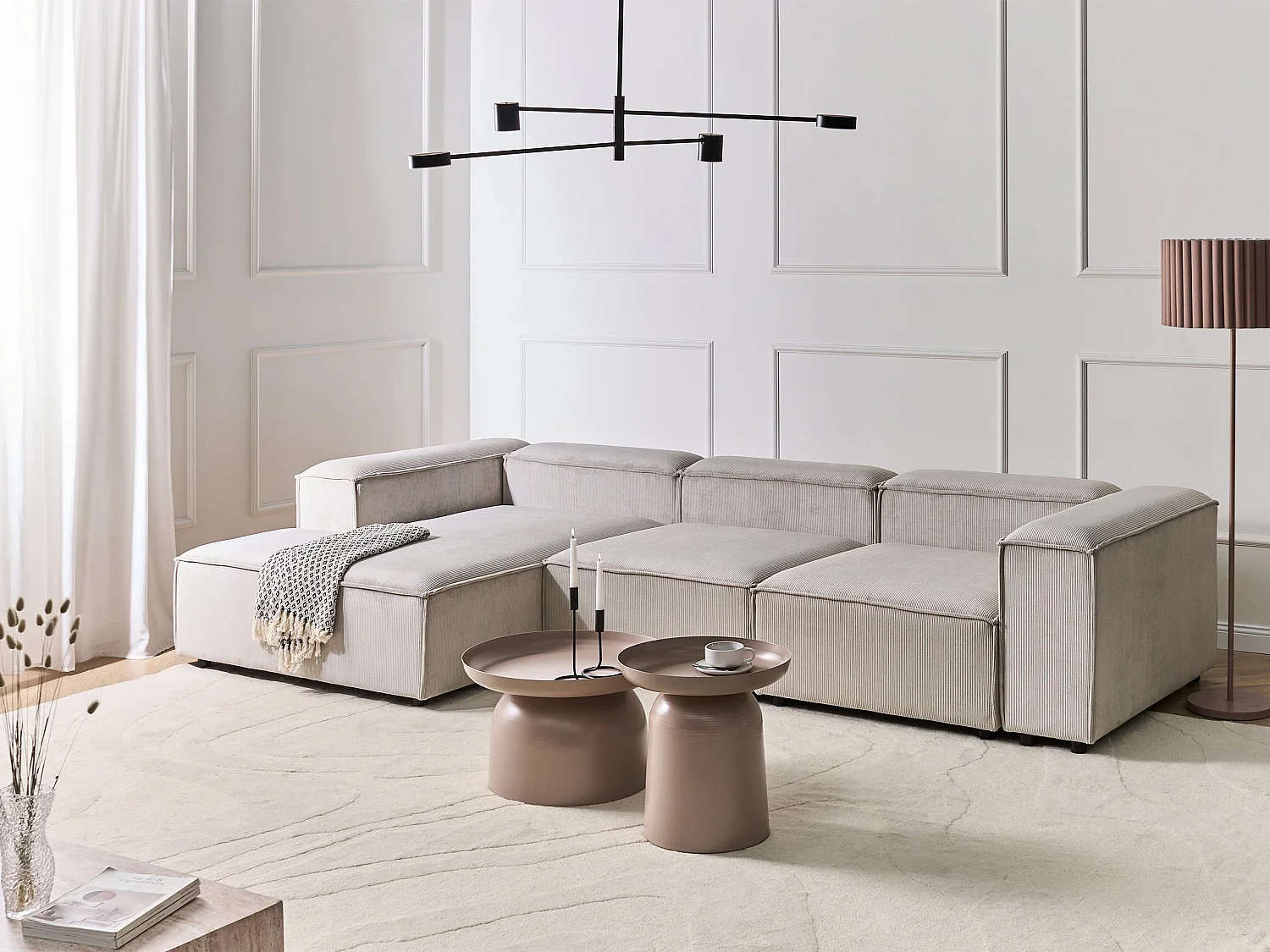 Canapé d'Angle à gauche en Velours Côtelé Modulaire 4 Places Pieds Noirs Taupe Ardal