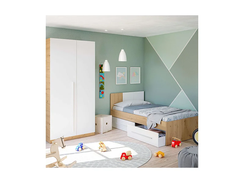 Pack muebles juvenil cama y armario blanco mate y roble nodi diseño moderno