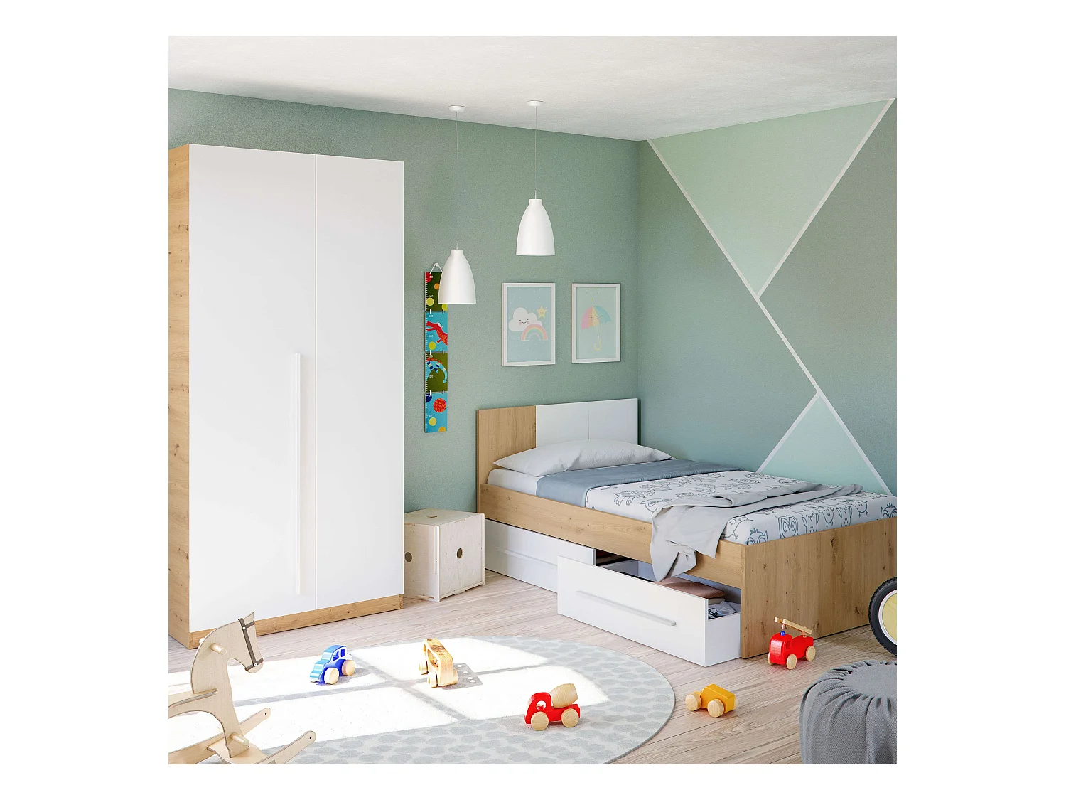 Pack muebles juvenil cama y armario blanco mate y roble nodi diseño moderno