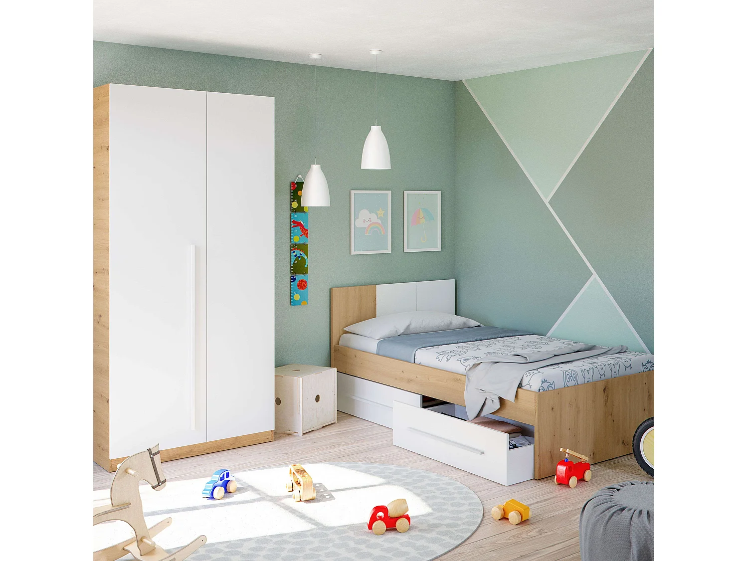 Pack muebles juvenil cama y armario blanco mate y roble nodi diseño moderno