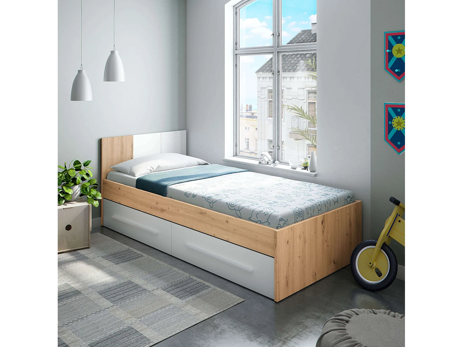 Pack muebles juvenil cama y armario blanco mate y roble nodi diseño moderno