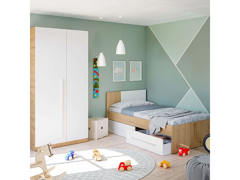 Pack muebles juvenil cama y armario blanco mate y roble nodi diseño moderno
