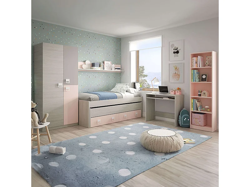 Pack Habitación Juvenil Infantil Rosa Gris Blanco Alpes (Cama Nido + Somieres)