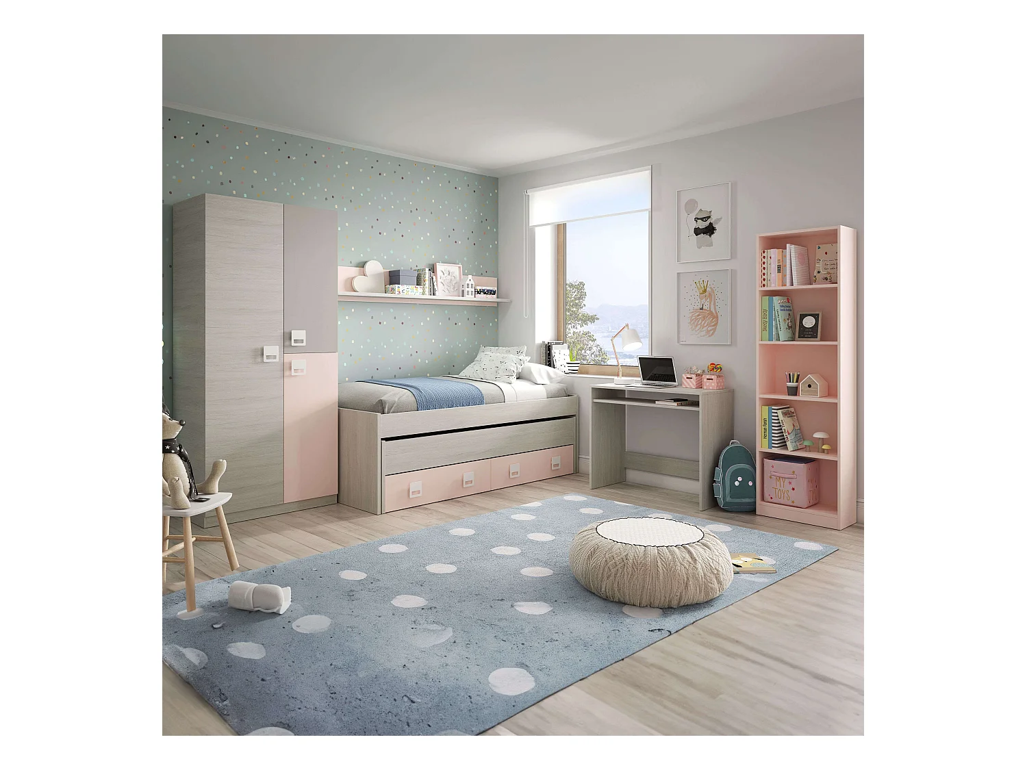 Pack Habitación Juvenil Infantil Rosa Gris Blanco Alpes (Cama Nido + Somieres)