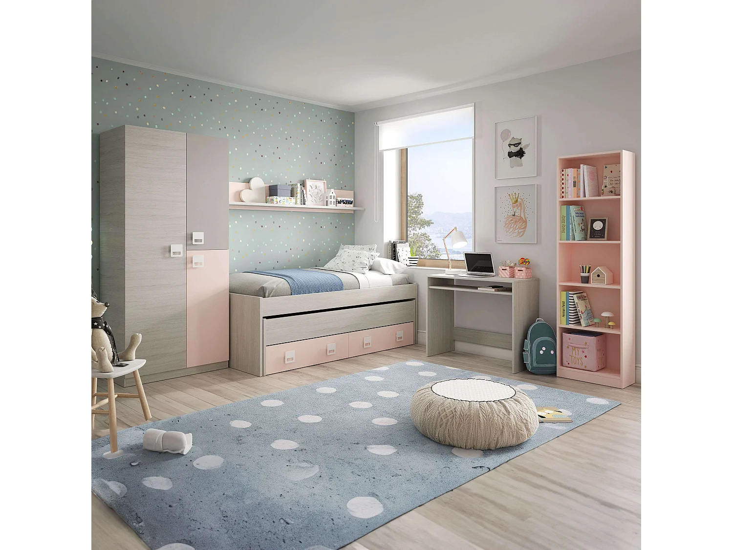 Pack Habitación Juvenil Infantil Rosa Gris Blanco Alpes (Cama Nido + Somieres)