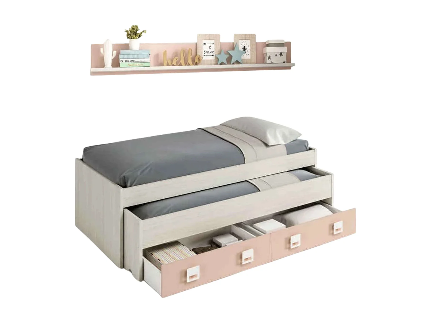 Pack Habitación Juvenil Infantil Rosa Gris Blanco Alpes (Cama Nido + Somieres)