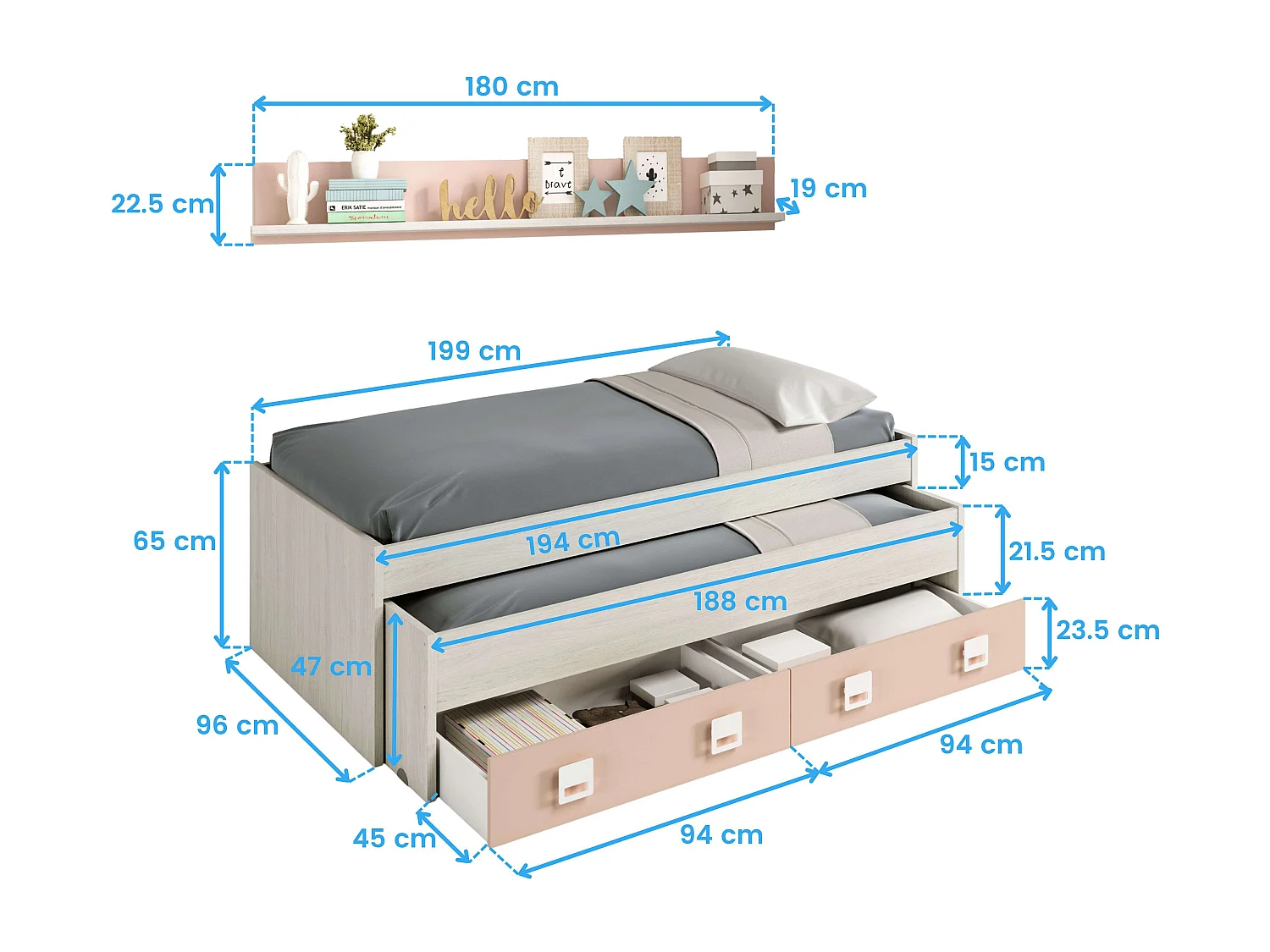 Pack Habitación Juvenil Infantil Rosa Gris Blanco Alpes (Cama Nido + Somieres)
