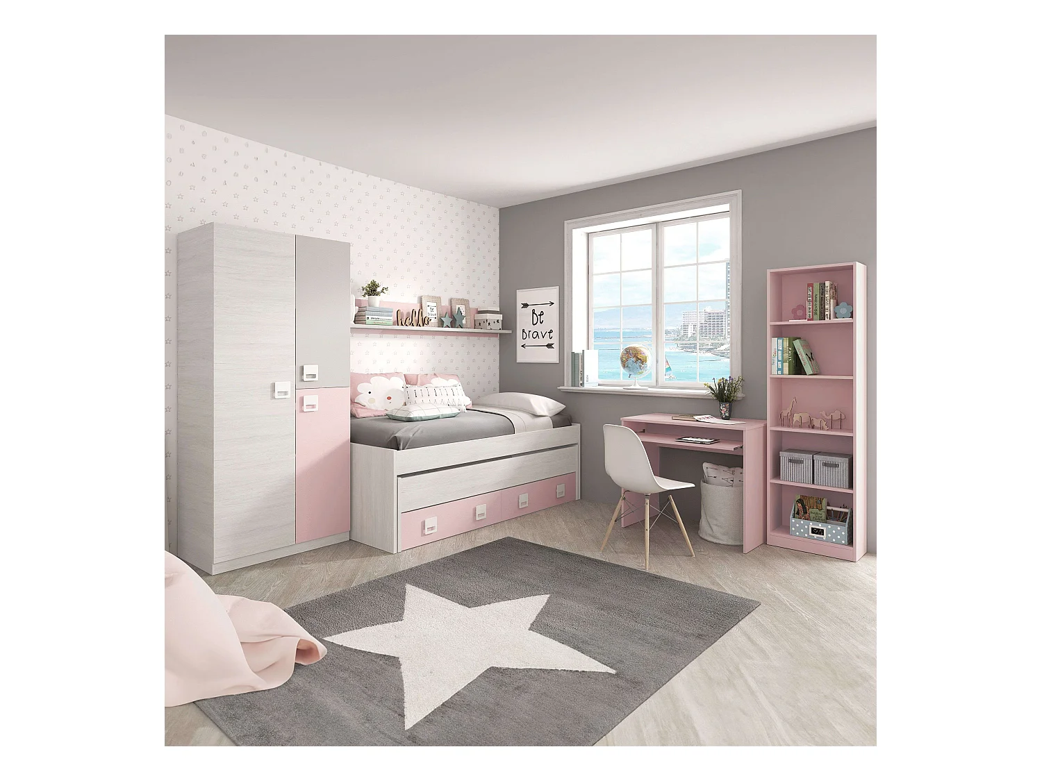 Pack Muebles Juvenil (cama, estante, armario, mesa, estantería) Rosa