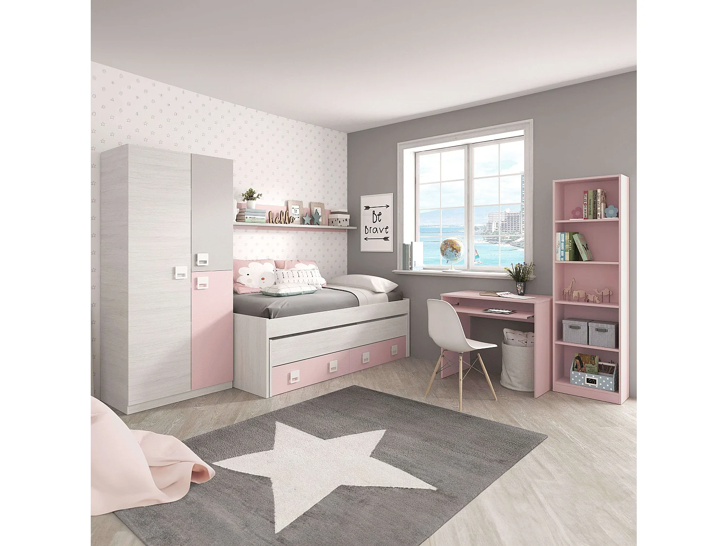 Pack Muebles Juvenil (cama, estante, armario, mesa, estantería) Rosa