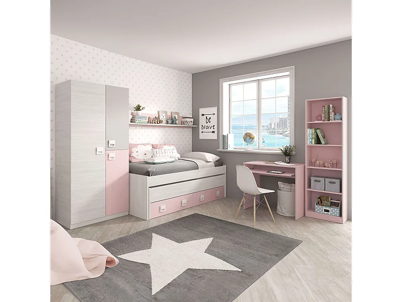 Pack Muebles Juvenil (cama, estante, armario, mesa, estantería) Rosa