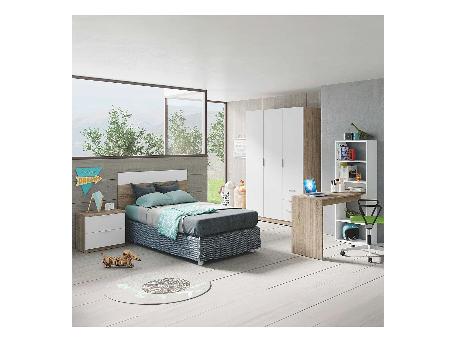 Pack Dormitorio Juvenil (Cabezal+Mesita+Mesa+Estantería+Armario) Blanco/Roble